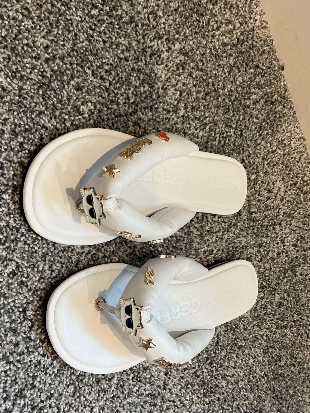 Karl Lagerfeld White Padded Toe-Post Sandals with Gold Accents
